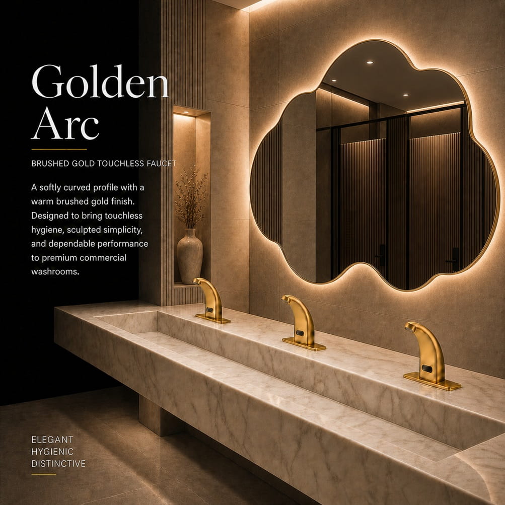 Chrome finish and durable construction detail on a commercial touchless faucet